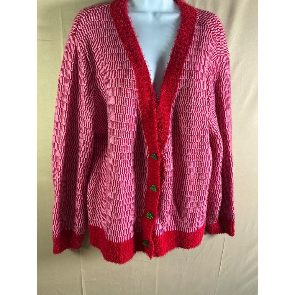 33 Degrees Women Red Pink Christmas Cardigan Sweater Tree Buttons XL Holiday - Picture 2 of 12